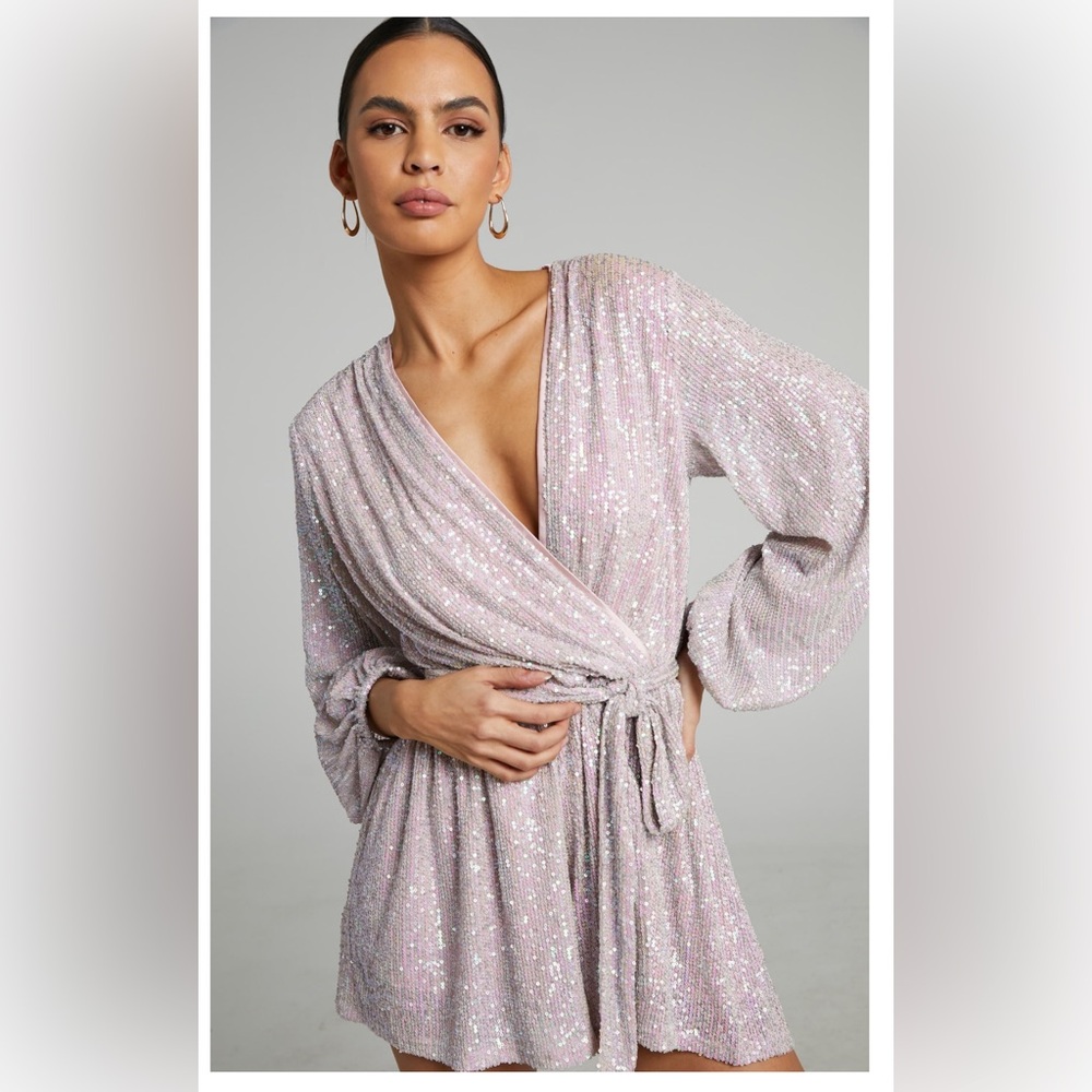 Light Pink Sequin Romper - Tie Waist Balloon Sleeve Playsuit in Blush Sequin